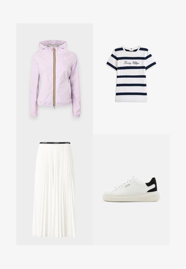 Light purple hooded jacket with a zip front, featuring a striped zipper and elastic cuffs, made from smooth, lightweight material.; Cotton T-shirt with horizontal navy stripes on a white background. "Tommy Hilfiger" embroidered in cursive on the chest. Crew neckline.; Pleated white skirt with a black elastic waistband featuring the "LACOSTE" logo. Mid-length design with soft texture.; White leather sneakers with a thick white sole, black suede heel accent, and embossed logo on the side. Laced design with six eyelets.