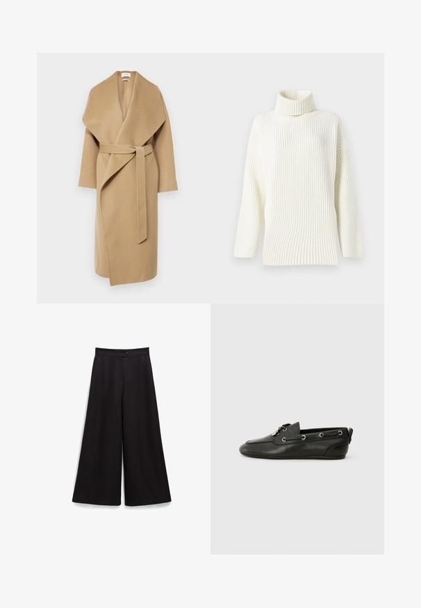 IVY OAK CARRIE ROSE - Klasszikus kabát - caramel; Krém színű, bordázott, garbós pulóver hosszú ujjal és laza szabással. Puha textúrája és varrás nélküli kialakítása fokozza a kényelmét.; Fekete, széles lábú nadrág sima textúrával, gombos záródással deréknál és laza szabással. Látható minták vagy díszítések nélkül.; Fekete bőr csónakcipő lekerekített orral, fűzős kialakítással, fémből készült fűzőlyukakkal és lapos talppal. A hátsó részen egy kis fül található.
