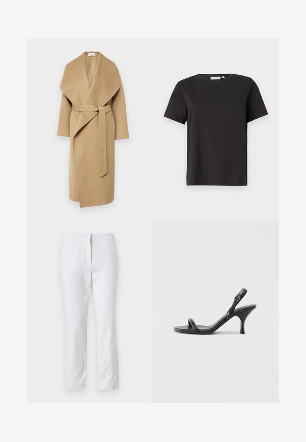 IVY OAK CARRIE ROSE - Klasický kabát - caramel; Čierne bavlnené tričko s krátkymi rukávmi, okrúhlym výstrihom a jednoduchým, čistým dizajnom. Žiadne viditeľné vzory ani ozdoby.; Biele bavlnené nohavice so striedmym strihom, s pásom strednej výšky a bez viditeľných kovových prvkov alebo vzorov. Hladká textúra po celom obvode.; Čierne kožené sandále na vysokom podpätku s štíhlym, zakriveným podpätkom a prekríženým pásikovým dizajnom. Nastaviteľný pásik okolo členka. Hladká textúra.
