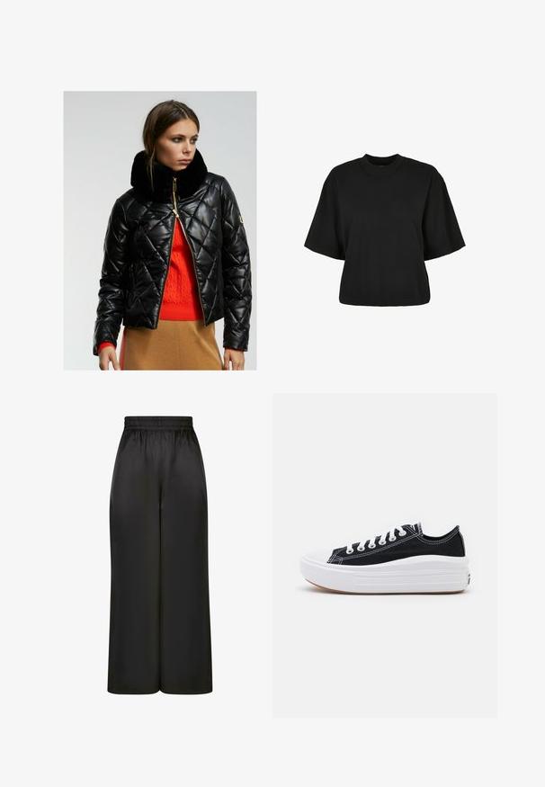 LOLA CASADEMUNT - Kurtka zimowa; Czarny krótki t-shirt wykonany z bawełny. Posiada krótkie rękawy i okrągły dekolt. Gładka tekstura z prostym wzornictwem, bez dodatkowych wzorów.; Czarne spodnie z szerokimi nogawkami, wykonane z gładkiego, błyszczącego materiału, z elastycznym pasem i bez widocznych kieszeni ani elementów metalowych.; Czarne płócienne tenisówki z białymi sznurowadłami, białą gumową czapeczką na palcach i masywną białą podeszwą. Mają subtelne białe przeszycia i gumową podeszwę.