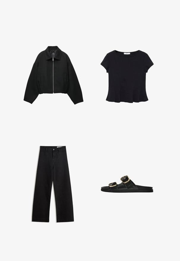 Jachetă scurtă neagră dintr-un material texturat, cu închidere frontală cu fermoar, mâneci largi și două buzunare laterale.; Top scurt din material moale, de culoare neagră, cu decolteu rotund și tiv evazat, având detalii discrete de cusătură.; Pantaloni din denim negri cu picioare largi, cu talie înaltă, având buzunare frontale și posterioare, cusături dublate și închidere cu nasture. Textură netedă.; Sandalie negre cu toc plat, cu două accente de cataramă aurie, din material texturat neted și design minimalist.