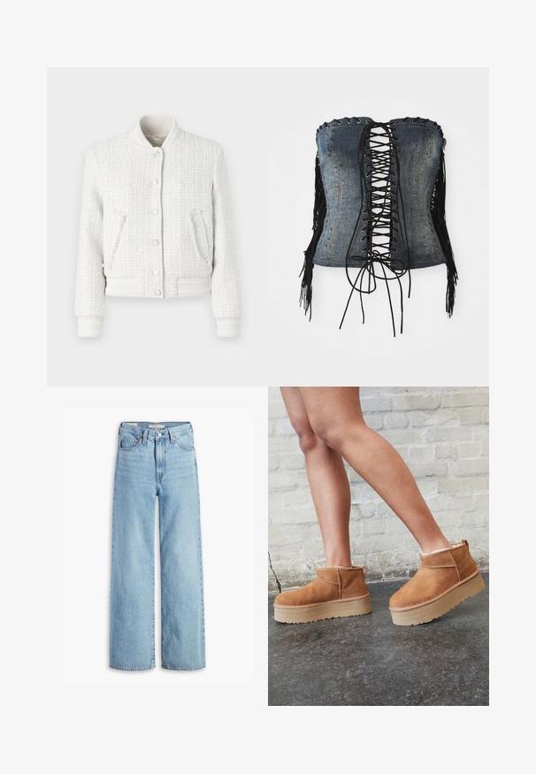 Giacca bomber in tweed bianco con polsini, colletto e orlo a costine. Presenta cinque bottoni a pressione e due tasche laterali. Tessuto testurizzato con motivo a quadri.; Corpetto in denim senza spalline con laccatura nera frontale, occhielli argentati e frange nere sui lati. Caratterizzato da una vestibilità strutturata e una texture invecchiata.; Jeans a vita alta, blu chiaro, con gamba larga, chiusura anteriore con bottone e zip, passanti per cintura e stile a cinque tasche.; Stivali alla caviglia in suede marrone con una fodera morbida, suola platform spessa beige e un'asola posteriore. Superficie testurizzata con dettagli di cucitura ben visibili.