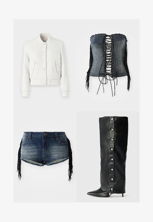 Fehér tweed bombázó dzseki bordázott mandzsettákkal, gallérral és alsó résszel. Öt snap gomb és két oldalsó zseb jellemzi. Strukturált anyag, amely kockás mintával rendelkezik.; Denim, pánt nélküli korzet, fekete fűzős elejével, ezüst szemekkel és fekete bojtokkal az oldalán. Strukturált illeszkedéssel és kopottas textúrával rendelkezik.; Fokozatos kék mosású farmer rövidnadrág, rojtos szegéllyel és fekete frufru díszítéssel az oldalán, elülső zsebekkel és derékpánttal.; Fekete bőr, magas sarkú csizmák, amelyek illeszkedő kialakítással, hegyes orral és ezüst színű patentgombokkal rendelkeznek az oldalukon.