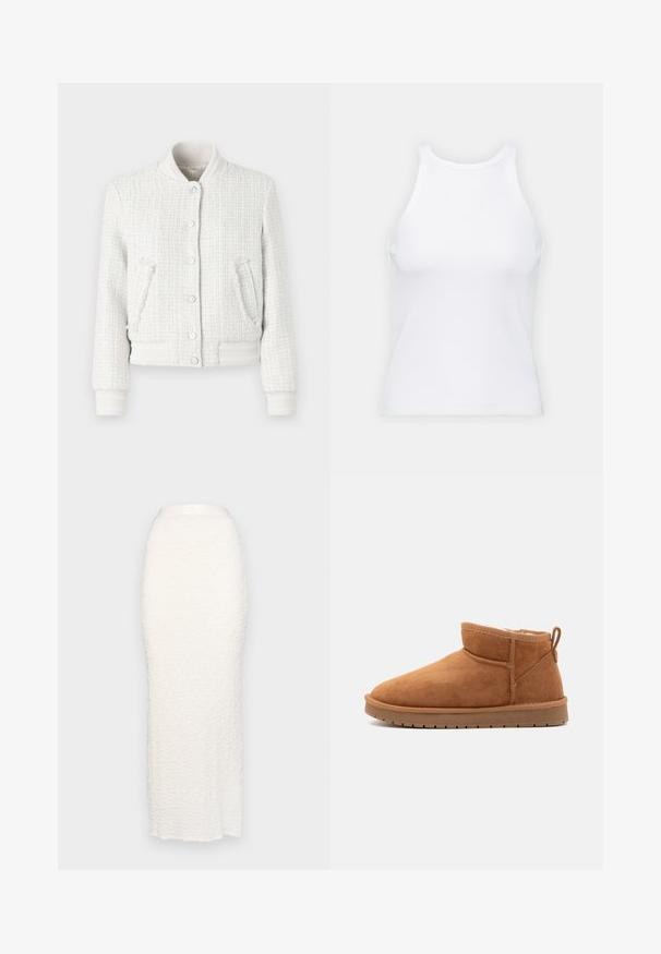 Valge tweedist bomber-jakk ribidega mansettide, krae ja alläärtega. Omab viit nööpi ja kahte küljetaskut. Tekstuuriga kangas, millel on ruuduline muster.; Valge ilma varrukateta T-särk, mis on valmistatud ribakangast, ümarate kaelustega ja kitseneva siluetiga, minimaalse õmbluste ning ilma kaunistusteta.; Gina Tricot STRUCTURE MAXI SKIRT - Maksiseelik - white; Call it Spring JAMIELEE - Talvesaapad - camel