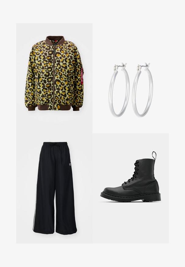 Alpha Industries MA-1 CAMO - Bomber stiliaus striukė - olive; Balta raukšlėta liemenėlė be rankovių, su apvaliu iškirpimu, tiesiu apvadu ir lygiu, elastingu audiniu.; Juodi plačios kojos keliai, pagaminti iš lengvos medžiagos. Yra elastinė juosmens juosta su raišteliu ir baltomis šoninėmis juostelėmis. Prekės ženklo logotipas ant klubų.; Juodas odinis kovinis botas su apvalioms pirštams, šnerviniu priekiniu užsegimu ir užtraukiamu užtrauktuku prie kulkšnies. Ypatybė - storas guminis padas, užtikrinantis ilgaamžiškumą.; Sidabriniai auskarai su sklandžiu, poliruotu paviršiumi. Apvalios formos ir saugus uždarymo mechanizmas. Lengvas dizainas, tinkantis kasdieniam dėvėjimui.