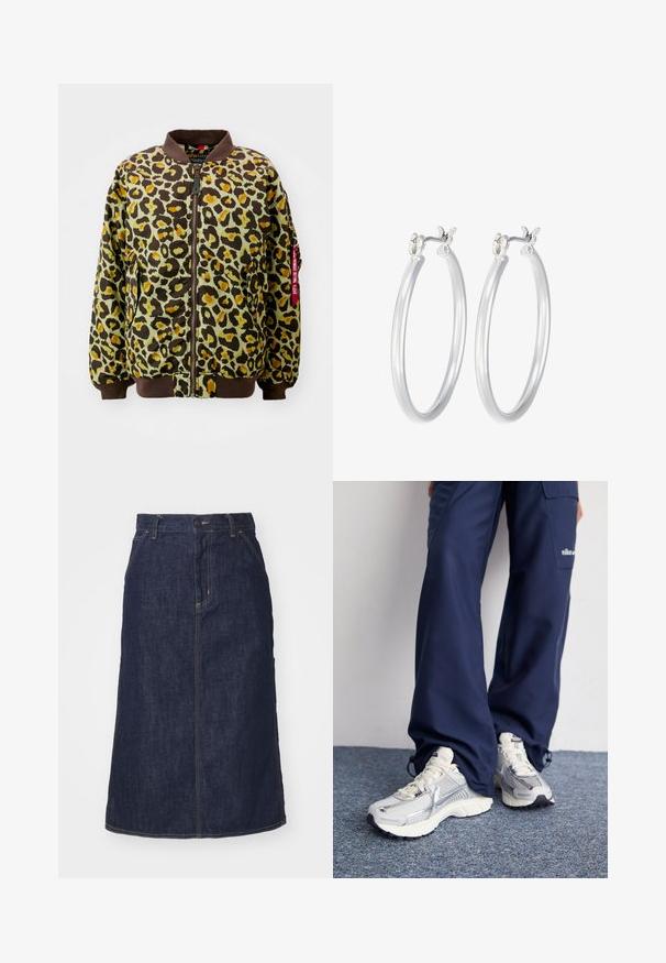 Alpha Industries MA-1 CAMO - Bomberjacks - olive; Geknipte T-shirt in lichtroze, gemaakt van zachte stof. Heeft een ronde hals en korte mouwen met een klein wit Nike-logo op de borst.; Donkere spijkerrok met een hoge taille, recht gesneden, voorzakken en gestikte naden. Voorzien van een rits en knoopsluiting op de taille.; Nike hardloopschoenen met een zilveren mesh bovenkant, witte accenten en structuurzolen, gecombineerd met luchtige navy broeken.; Zilveren oorbellen in de vorm van een gladde, gepolijste ring. Ronde vorm met een veilige kliksluiting. Lichtgewicht ontwerp, geschikt voor dagelijks gebruik.