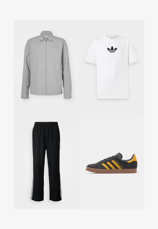 Šedá lehká bunda s límečkem, předním zipem, bočními kapsami a jemným logem na levé hrudi. Hladký povrch.; Bílá bavlněná tričko s černým logem Adidas uprostřed. Krátký rukáv a design s kulatým výstřihem. Hladká textura.; Černé sportovní kalhoty s elastickým pasem, s bílými bočními pruhy a malým logem. Materiál vypadá měkce a lehce.; Černé semišové tenisky se žlutými akcenty, vybavené třemi pruhy a hnědou gumovou podrážkou. Obsahují polstrovaný jazyk pro pohodlí.