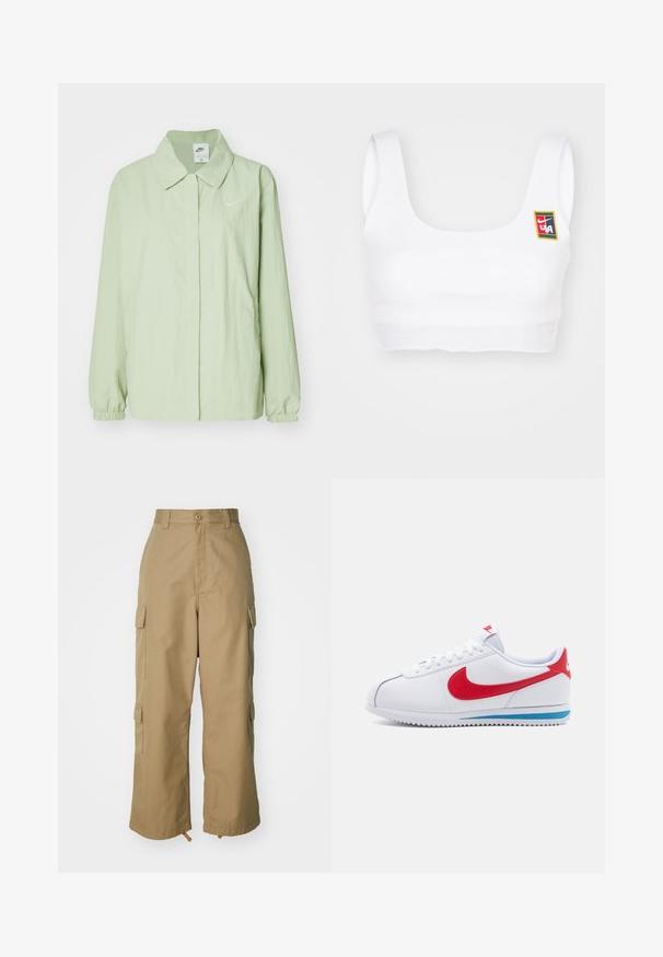 Nike Sportswear Letná bunda - jade horizon/sail; Nike Sportswear YOON - Top - white; béžové cargo nohavice s vysokým pásom, širokými nohavicami a štyrmi veľkými bočnými vreckami. Vyrobené z odolnej tkaniny s hladkou textúrou a minimálnymi detailmi.; Biele tenisky s červeným swooshom, modrým akcentom na podrážke a bielymi šnúrami. Štruktúrovaná horná časť s prešitými detailami. Klasický dizajn.