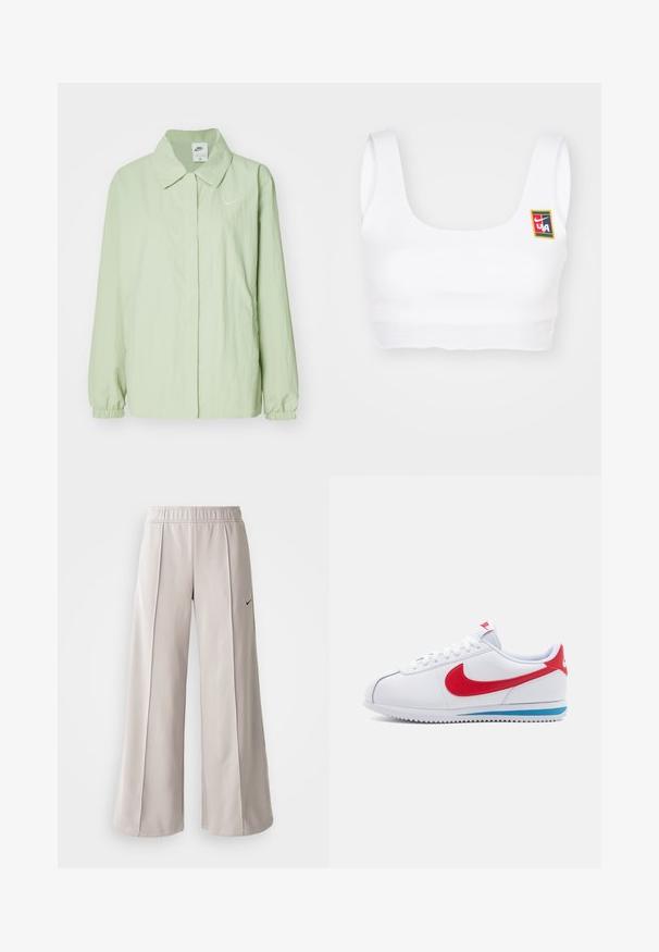 Nike Sportswear Skraistė - jade horizon/sail; Nike Sportswear YOON - Viršus - white; Šviesiai pilki plačių kojų kelnės, pagamintos iš lygaus audinio. Turi elastingą juosmenį ir juodą Nike logotipą kairėje pusėje.; Balti sportbačiai su raudonu swoosh, mėlyna akcentu ant pado ir baltais raišteliais. Tekstūruota viršutinė dalis su siuvinėtomis detalėmis. Klasikinis dizainas.
