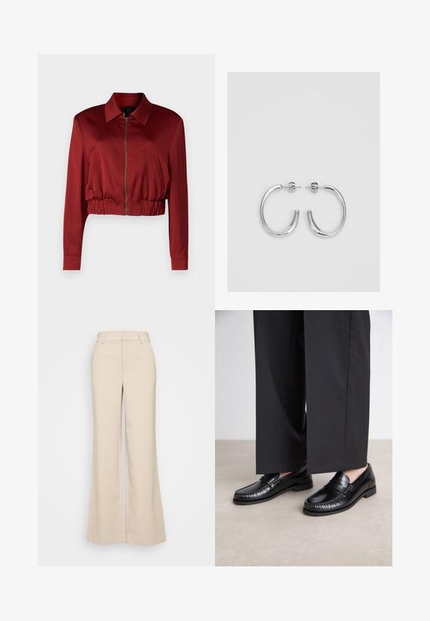 DRYKORN RADWAY - Bomber jakna - red; Mornarski polo s dolgimi rokavi z teksturiranim rebrastim dizajnom, ki ima enobarven ovratnik, zapiranje na tri gumbe in kontrastne stripe.; Bež hlače širokih nogavic z gladko teksturo, ki imajo visok pas in dva sprednja žepa. Čista zasnova s krojenjem, ki se prilega.; Črne usnjene loafer čevlje z gladko površino, stikani detajli okoli prstov in nizko gumijasto podplat. Usklajeni z širokimi črnimi hlačami.; Srebrne obročaste uhane z gladko, sijočo površino. Zaobljena oblika, lahka zasnova, z zapiranjem na zatič.