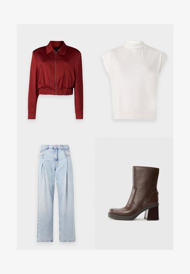 DRYKORN RADWAY - Bomberjakke - red; Hvid ærmeløs turtleneck top lavet af blødt stof, med en struktureret design, glat tekstur og diskret ribbet kantdetalje.; Lyseblå denim jeans med høj talje, bred benåbning, to sidelommer og plisseret design. Blød tekstur med et falmet finish.; Brun læder ankelstøvle med en rund tå, glat tekstur og en kraftig træhæl. Sidesøm detaljer og subtil glans.