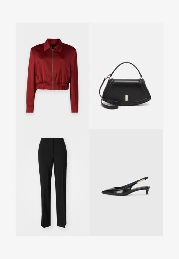 DRYKORN RADWAY - Bomber bunda - red; Černé bavlněné tričko s kulatým výstřihem, krátkými rukávy a vyšitým logem na hrudi. Jednoduchý, volný střih bez vzorů.; Černé kalhoty na míru se střihem do rovna, které mají hladkou texturu a ostré sklady na přední straně. Bez viditelného kování.; Černé kožené boty na podpatku s otevřenou patou a špičatou špičkou, s tenkým podpatkem a zlatým akcentem na nastavitelném pásku. Hladký povrch.; Černá kožená kabelka se strukturovaným designem, jejíž tvar je zkrácený, má horní rukojeť a zlaté kovové detaily. Součástí je i nastavitelný ramenní popruh.