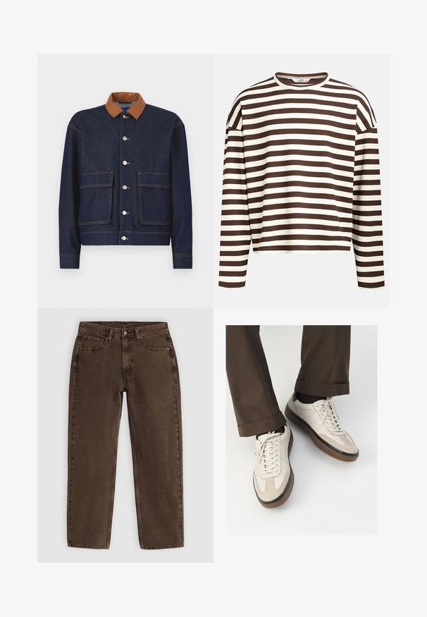 Jeansjacke mit einem Kragen aus braunem Kunstleder, silbernen Druckknöpfen und zwei vorderen Taschen. Dunkelblaues Material mit kontrastierenden Nähten.; Braun- und cremefarbener gestreifter Langarmoberteil mit einem runden Halsausschnitt, gerippter Textur und abfallenden Schulternähten, der eine cropped Passform hat.; Braune Denim-Jeans mit geradem Schnitt, fünf Taschen, Knopfverschluss vorne und minimalen Nähdetails. Weiche Textur mit matter Oberfläche.; Beige Sneakers mit einer strukturierten Wildlederfront, glatten Lederseiten und einer braunen Gummisohle. Bändel und helle Nähdetails sind enthalten.