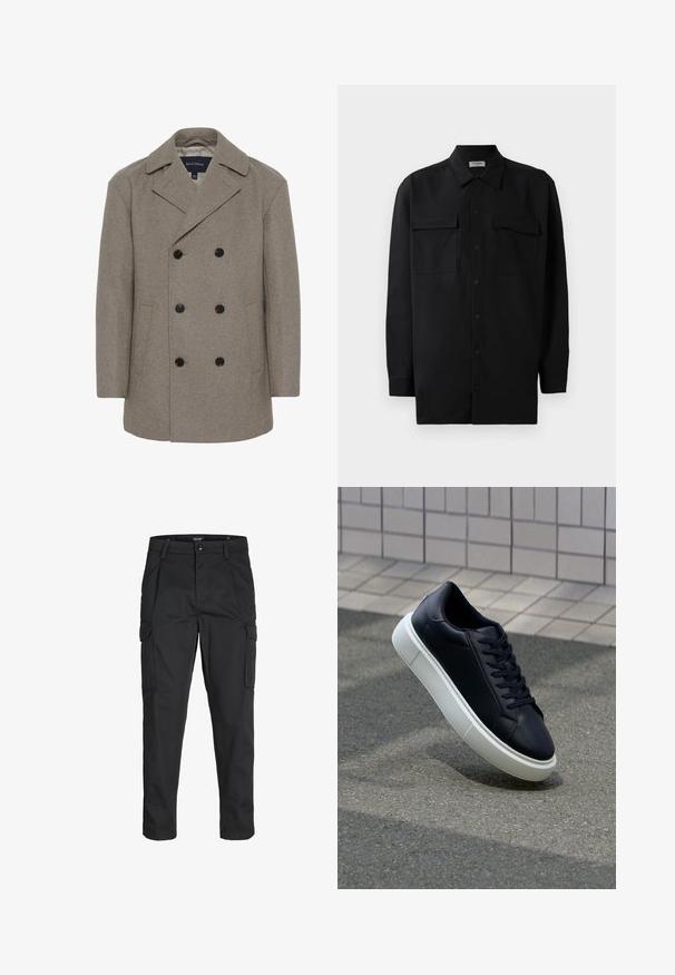 Matinique BURNLEY - Klasikinis paltas - winter twig; Juodas marškinis su mygtukais, pagamintas iš lygaus audinio, turi klasikinius apykaklės, du priekiniai kišeniai ir ilgus rankovės su mygtukais.; Juodi krovinių tipo džinsai, pagaminti iš tvirto audinio, su keliais kišeniais, mygtuko uždarymu ir siauru, prigludusiu dizainu su siaurėjančiomis kojomis.; Juodas odinis sportbačius su apvaliu pirštu ir baltu gumuotu padu. Turi plokščias raišteles ir minimalų siuvimą viršuje. Padangos tekstūra užtikrina sukibimą.