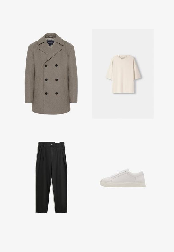 Matinique BURNLEY - Mantel - winter twig; Beige oversized katoenen t-shirt met een ronde hals en korte, verlaagde mouwen. Gladde textuur, minimalistisch ontwerp, geen patronen of accenten.; Zwarte katoenen broeken met een losse pasvorm, voorzien van een klassieke tailleband, voorplooien en zijzakken. Gladde structuur zonder patronen.; Witte leren sneaker met ronde neus, platte zool en zes veterogen. Kenmerkt zich door een gladde textuur en een minimalistisch ontwerp. Geen zichtbare patronen of accenten.