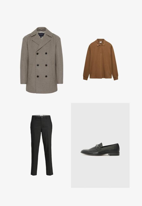 Matinique BURNLEY - Klassisk kappa / rock - winter twig; Brun långärmad polo t-shirt i bomull, med krage, knäppning och ribbade ärmslut; mjuk textur och avslappnad passform.; Svarta byxor, skräddarsydd passform, slätt tyg, medelhög midja, framknäppning, diagonala fickor och veckdetaljering längs benen.; Svart läderloafers med en slät yta, med en sydd design och en dekorativ metallkedjeaccent över västen. Platt häldesign.