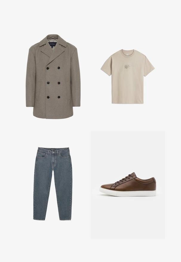 Matinique BURNLEY - Klassischer Mantel - winter twig; Beige Baumwoll-T-Shirt mit Rundhalsausschnitt und kurzen Ärmeln. Verfügt über ein kleines, strukturiertes Vans-Logo-Patch auf der Vorderseite.; Dunkelblaue Jeans aus Denim mit lockerer Passform, Fünf-Taschen-Design, Knopfverschluss und leicht fransigem Saum. Strapazierfähiges Material mit subtiler Textur.; Braune Leder-Sneaker mit runder Zehenform, weißer Gummisohle und fünf Ösen zum Schnüren. Mit dezentem Branding an der Ferse.