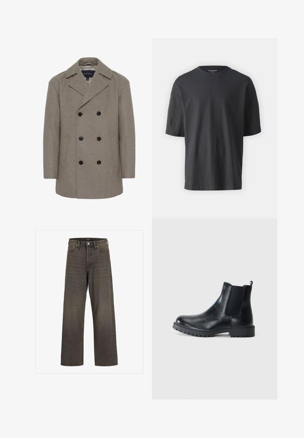 Matinique BURNLEY - Klasikinis paltas - winter twig; Juodas trumpomis rankovėmis medvilninis marškinėlis, su apvalia apykakle ir laisvu siluetu. Nėra matomų raštų ar akcentų.; Plati kojinės džinsai tamsiai pilkos spalvos džinsinio audinio, su aukštu liemeniu, klasikinio penkių kišenių dizainu ir kontrastinga siuvimo linija siūlėse.; Juodi odiniai Chelsea batai su elastiniais šonų paneliais, apvalia pirštų dalimi ir guminėmis padangomis. Minimalistinio dizaino, su patogiu užtrauktuku.