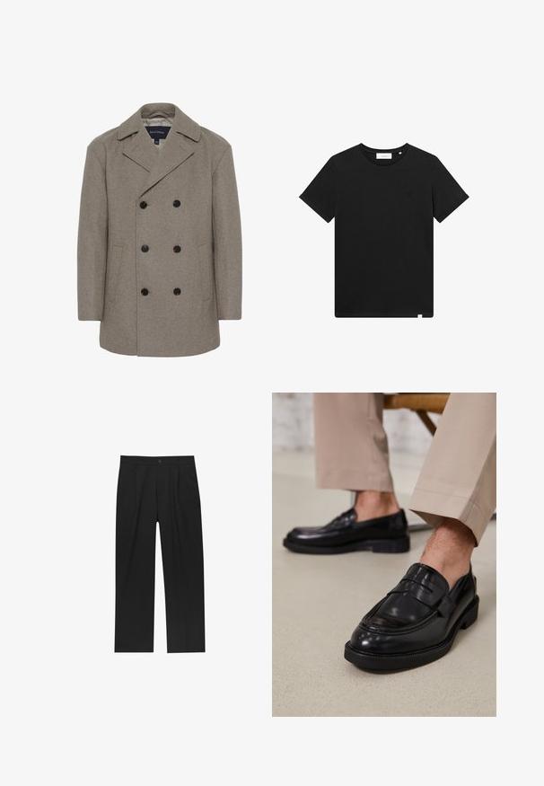 Matinique BURNLEY - Klasični plašč - winter twig; Črn kratkolasasti T-majica iz bombaža z okroglim izrezom in majhnim logotipom vezenim na prsih. Gladka tekstura, standardna prileganja.; Črne hlače z ravnim krojem, narejene iz gladkega materiala. Imajo sprednje gube in enojno zaponko na pasu.; Črne usnjene loafer čevlje z gladko površino, ki imajo okrasno zaponko in kontrastno šivanje, v kombinaciji s bež hlačami.