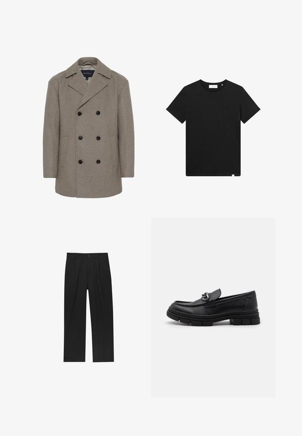 Matinique BURNLEY - Palton clasic - winter twig; Tricou scurt cu mânecă, de culoare neagră, realizat din bumbac, cu guler tip crew și un mic logo brodat pe piept. Textură netedă, croială standard.; Pantaloni negri cu un design drept, fabricați dintr-un material neted. Au plisse în față și un sistem de închidere cu un singur buton la talie.; Mocasini din piele neagră cu vârful rotund, o curea decorativă și accesorii metalice, și o talpă chunky texturată. Finisaj neted cu detalii subtile.