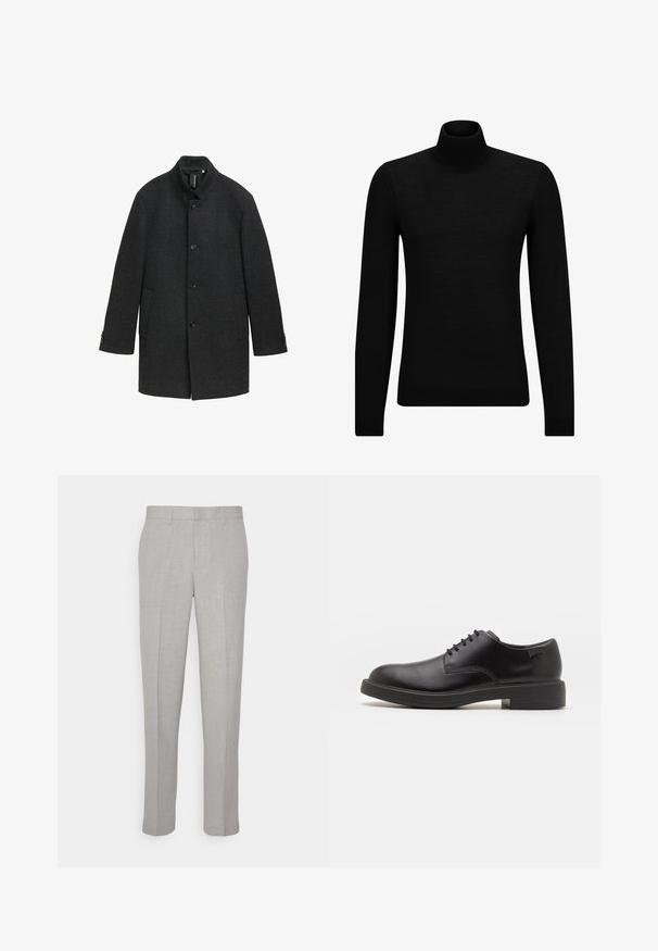 Tumšas pelēkas vilnas mētelis ar augstu apkakli, pogu aizdari, divām sānu kabatām un strukturētu audumu. Iezīmēts ar pielāgotu piegriezumu un smalkiem akcentiem.; Melnā augstā kakla džemperis, kas izgatavots no mīksta materiāla, ar garām piedurknēm un pieguļušu piegriezumu. Ribota apdare ap apakšu un piedurknēm. Vienkāršs dizains.; Gai pelēki bikses ar gludu tekstūru, plakanu priekšpusi un taisnām kājām. Izgatavotas no elpojoša auduma, ar iekšējām kabatām un jostu cilpām.; Melna āda sašūta kurpe ar noapaļotu purngalu, gludu tekstūru, minimālu šuvju skaitu un zemu gumijas papēdi. Logo uz papēža.