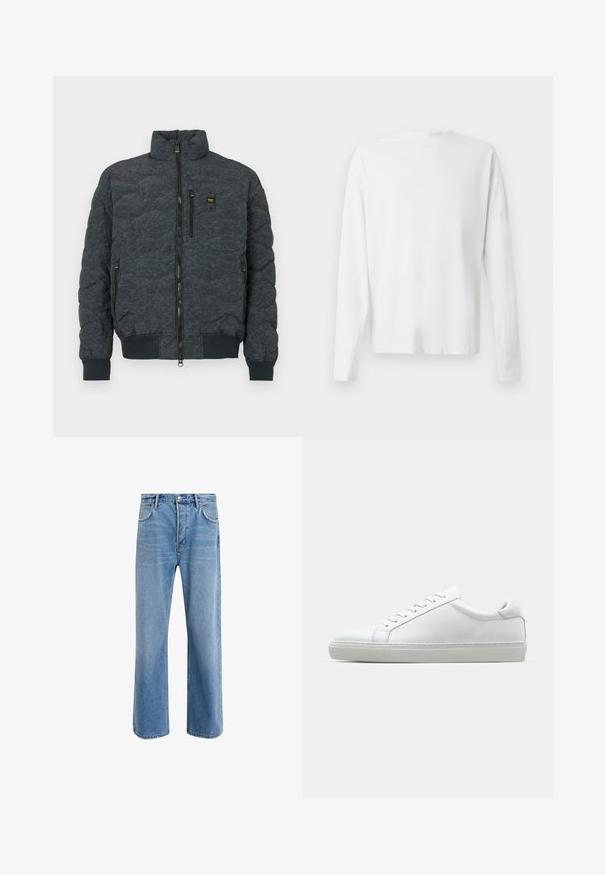 Gequilte donkergrijze pufferjack met een hoge kraag, ritssluiting aan de voorkant, twee zijzakken en elastische manchetten. Heeft een subtiele textuur en een logo-accent.; Witte katoenen blouse met lange mouwen en een ronde halslijn, met zijsplitten aan de onderkant en een gladde textuur, vanuit de achterkant weergegeven.; Lichtblauwe denim jeans met een straight-leg ontwerp, vijf zakken, knoopsluiting, minimale vervaging en contrasterende stikseldetails.; Witte sneaker met een gladlederen bovenwerk en een laag profiel. Voorzien van een ronde neus, zes vetergaatjes en een gestructureerde rubberen zool.