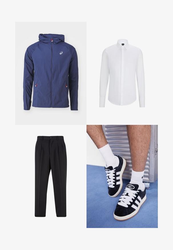 ASICS ROAD PACKABLE JACKET - Giacca a vento - blue expanse; Camicia bianca a maniche lunghe con colletto a punta, realizzata in tessuto liscio, con patta frontale e orlo arrotondato.; Pantaloni neri con design a pieghe sul davanti, realizzati in tessuto morbido. Presentano una chiusura con bottone e passanti per cintura; vestibilità a gamba dritta.; Sneakers in suede nero con lacci bianchi e tre strisce bianche. Presentano un logo circolare nero sulla linguetta e una suola in gomma color gomma.