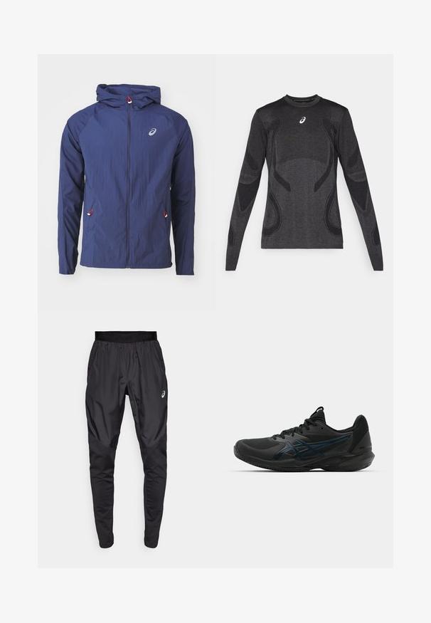 ASICS ROAD PACKABLE JACKET - Veste coupe-vent - blue expanse; Haut de sport à manches longues en gris foncé, avec des accents de design texturé en gris clair. Encolure ronde avec logo sur la poitrine.; Pantalons de sport noirs avec une taille élastique, des poches latérales et des panneaux de texture contrastée sur les jambes. Logo Asics sur la hanche.; ASICS SOLUTION SPEED FF 3 CLAY - Chaussures de tennis pour terre-battueerre battue - black/prism blue