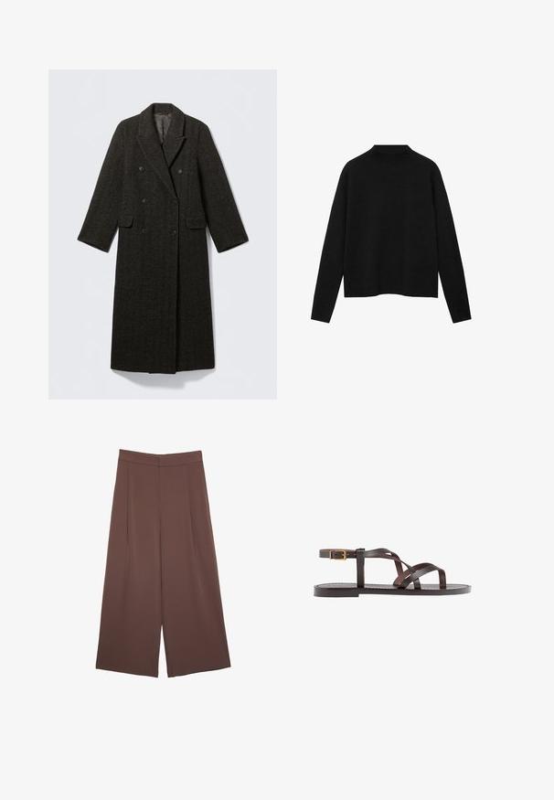 Dark herringbone-patterned wool coat with a double-breasted design, large lapels, and two front pockets. Long,straight cut.; Black turtleneck sweater made of soft fabric, featuring long sleeves and a relaxed fit, with a clean, minimalistic design.; Brown wide-leg trousers with a smooth texture, featuring a high waist and front pleats. The fabric is lightweight and flows loosely.; Brown leather sandal featuring crisscross straps, an ankle buckle closure, and a flat sole with minimal stitching details.