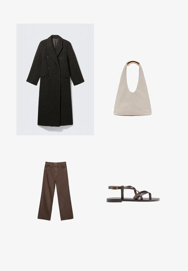 Manteau en laine à motif chevrons foncé, à double boutonnage, avec de grands revers et deux poches avant. Coupe longue et droite.; T-shirt marron à manches courtes en tissu doux, avec un col rond et une coupe décontractée. Aucun motif ni accent visible.; Jean brown à jambes larges en denim, doté d'une taille haute, de poches avant et d'une fermeture à bouton classique. Texture lisse avec des coutures subtiles.; Sandale en cuir marron avec des brides entrecroisées, une fermeture à boucle à la cheville et une semelle plate avec des détails de couture minimaux.; Sac en cuir gris clair avec un design en forme de U et une poignée métallique courbée. Texture lisse avec un minimum de coutures et sans motifs visibles.