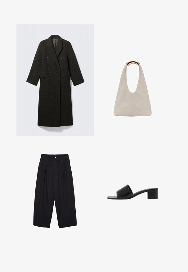 Dark herringbone-patterned wool coat with a double-breasted design, large lapels, and two front pockets. Long,straight cut.; White short-sleeve t-shirt made of cotton. Features a crew neckline and a relaxed fit. Smooth texture with no visible patterns or accents.; Black polyester culotte pants with an elastic waistband, two front pleats, and a loose silhouette. No visible patterns or hardware details.; Black leather open-toe slide sandal with a wide strap and a solid block heel. Features a smooth texture and minimal design.; Light gray leather bag with a U-shaped design and a curved metallic handle. Smooth texture with minimal stitching and no visible patterns.