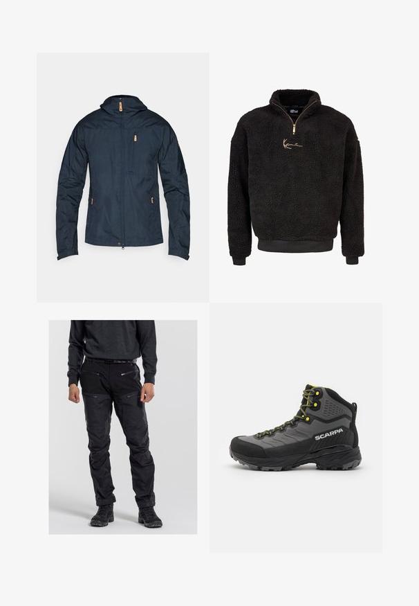 Marinblå lätt jacka med dragkedja fram, huva och flera fickor. Funktioner inkluderar strukturerad tyg och kontrasterande beige detaljer.; Svart fleece-pullover med halvdragkedja fram och hög krage. Funktioner inkluderar en guld broderad logotyp samt ribbade ärmslut och nederkant. Mjuk, texturerad yta.; Svarta utomhusbyxor i slitstarkt tyg, med flera fickor med dragkedja, en strukturerad yta och förstärkta knäområden. Bärs med mörka skor.; Svart och grå vandringskänga med textilmaterial, ljusgula accenter, förstärkt tå och gummisula med djupa mönster för grepp.