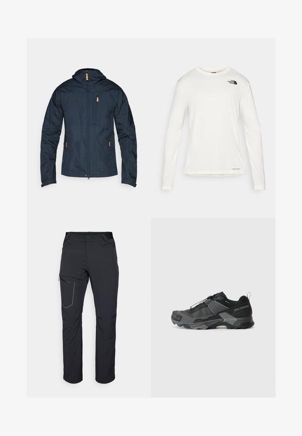 Veste légère bleu marine avec fermeture éclair à l'avant, capuche et plusieurs poches. Les caractéristiques incluent un tissu texturé et des accents en matériel beige contrastant.; Chemise blanche à manches longues avec un col rond, tissu texturé, logo noir sur l'épaule gauche, et marquage subtil en bas.; Pantalon d'extérieur noir avec poche sur la cuisse zippée, taille élastique et tissu lisse, résistant à l'eau. Design épuré sans logos visibles.; Chaussure de trail running noire avec une tige en mesh durable, une coque de protection renforcée à l'avant, une semelle en caoutchouc texturé et un système de laçage élastique pour un maintien sécurisé.