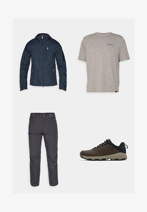 Jūras zilas viegls pārvalks ar rāvējslēdzēju priekšpusē, kapuci un vairākām kabatām. Iezīmes ietver teksturētu audumu un kontrastējošas brūnas aparatūras akcentus.; Pelēka īsām piedurknēm kreks, kas izgatavots no mīkstas teksturētas auduma, ar mazu zilu Patagonia logotipu kreisajā krūtī. Bez papildu rakstiem.; Tumši pelēki bikses, kas izgatavotas no izturīgas auduma, ar rāvējslēdzēja kabatu, taisnu piegriezumu un jostu cilpām, lai pielāgotu fit.; Brūni ūdensnecaurlaidīgi sporta apavi ar teksturētu virsu, perforētiem akcentiem, melnu papēža atbalstu un pelēku gumijas zoli. Šņores veidotas ar metāliskiem galiem.