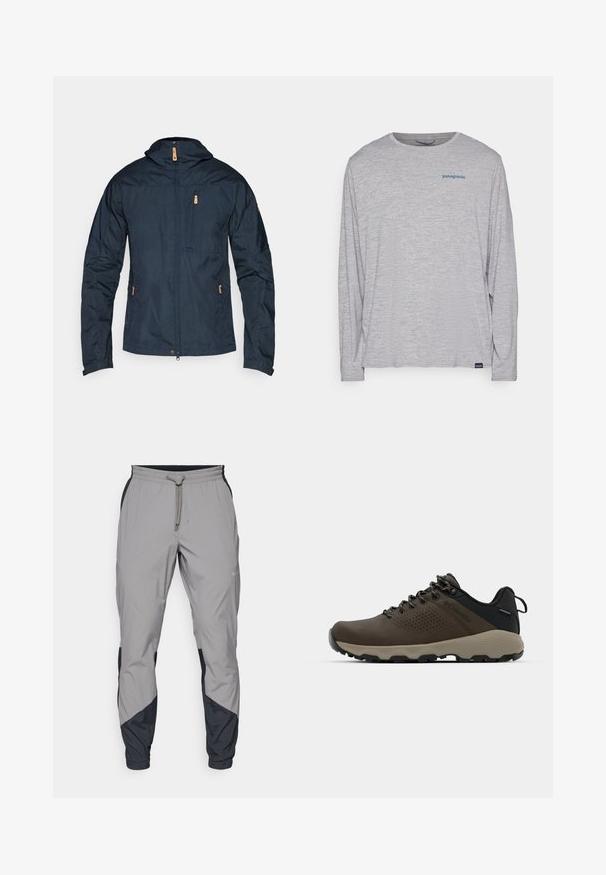 Veste légère bleu marine avec fermeture éclair à l'avant, capuche et plusieurs poches. Les caractéristiques incluent un tissu texturé et des accents en matériel beige contrastant.; T-shirt à manches longues gris clair en tissu doux et texturé. Il présente un col rond et un petit logo Patagonia bleu sur la poitrine.; Pantalons de sport légers, gris, avec des accents noirs. Ceinture élastique, fermeture à cordon, design à jambes fuselées et poches latérales.; Baskets imperméables marron avec une tige texturée, des accents perforés, un support de talon noir et une semelle en caoutchouc grise. Les lacets sont ornés d'embouts métalliques.