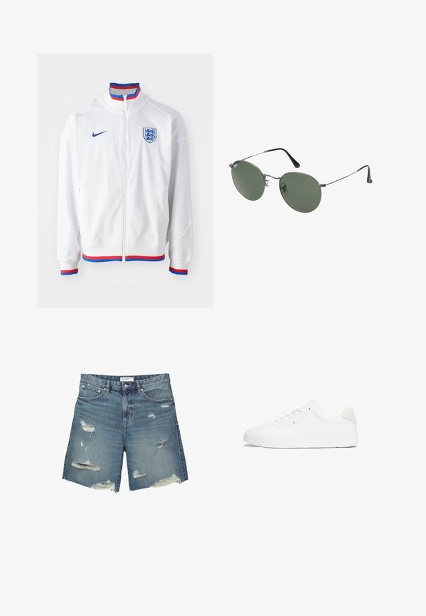 Weiße Nike-Jacke mit durchgehendem Reißverschluss, blauen Akzenten am Logo und Kragen sowie rot-blauen gestreiften Besätzen an den Bündchen und am Saum.; Gelbes Nike-Trikot mit lila Akzenten, das den Text "LAKERS" und die Nummer "23" in fetter Schrift zeigt. Seitenschlitze und Etikett am Saum.; Denim-Shorts in Hellblau mit abgeschnittenen Stellen. Sie verfügen über einen Standardbund, sind etwa knielang und haben einen ausgefransten Saum.; Weiße Sneaker mit einem Obermaterial aus glattem Leder, runder Zehenpartie, flacher Sohle und minimalistischem Design. Verfügt über dezentes Branding und einen beigen Akzent an der Ferse.; Metallgestellte Sonnenbrille mit ovalen grünen Gläsern. Dünner silberner Metallrahmen und schwarze Ohrstücke. Minimalistisches Design, keine sichtbaren Logos.