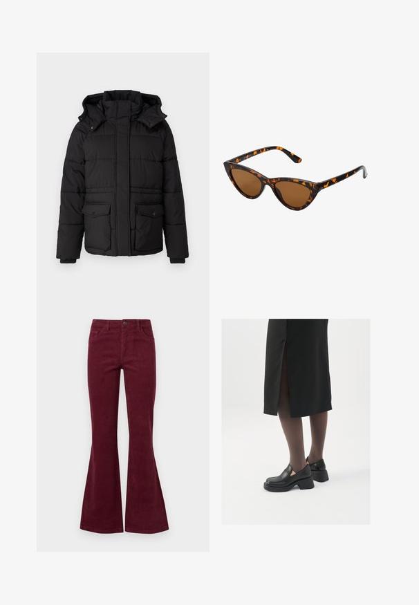 Μαύρο μπουφάν με κουκούλα, με επενδυμένο σχέδιο, δύο μπροστινές τσέπες και ελαστικές μανσέτες. Διαθέτει ψηλό γιακά και κουμπώματα με κουμπί.; JDY LORRAINE - Πουλόβερ - cement; Μπλε βελούδινα φαρδιά τζιν με πέντε τσέπες, μπροστινό κλείσιμο με κουμπί και υφή υφάσματος. Οι φαρδιές γραμμές εκτείνονται από το γόνατο μέχρι το πέλμα.; Μαύρα δερμάτινα παπούτσια με στρογγυλή μύτη, χοντρό τετράγωνο τακούνι και ελαστικές πλάγιες λεπτομέρειες, συνδυασμένα με σκούρες καλσόν και μια μαύρη φούστα με σχίσιμο.; Γυαλιά ηλίου τύπου cat-eye με μαύρο και πορτοκαλί καβούκι, καφέ φακούς και κομψές, μυτερές άκρες. Φέρουν ένα μίνιμο λογότυπο στο βραχίονα.