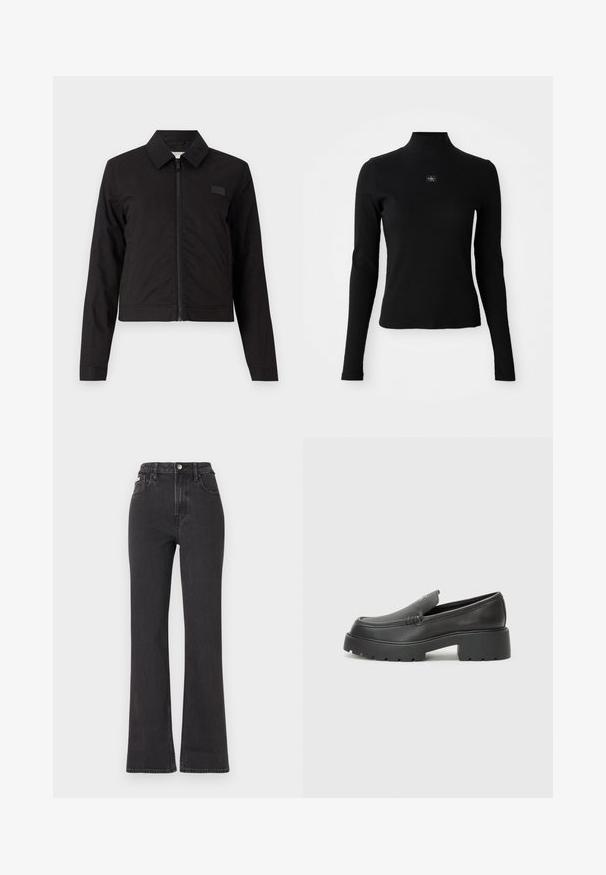Jachetă neagră scurtă, cu fermoar în față, guler ascuțit și mâneci lungi. Material neted cu accente minime, având un mic logo pe piept.; Top negru cu mâneci lungi, cu un guler înalt și un design ajustat. Prezintă o mică etichetă cu logo pe față. Textură netedă, cu nervuri.; Jeans negre cu talie înaltă, evazate, din denim, cu închidere prin buton, bucle pentru curea și buzunare laterale. Textură netedă, cu decolorare minimă.; Mocasini din piele neagră, cu vârf rotunjit, talpă groasă texturată și detalii minimale de cusătură. Design elegant, fără șireturi sau accesorii vizibile.