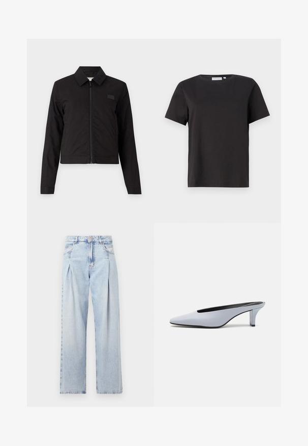 Svart kort jakke med glidelås foran, spiss krage og lange ermer. Glatt stoff med minimale detaljer, som har et lite logo-patch på brystet.; Svart bomulls-T-skjorte med korte ermer, rund hals og et enkelt, rent design. Ingen synlige mønstre eller dekorasjoner.; Lyseblå denimjeans med høy livlinje, vide ben, to sidelommer og plisserte detaljer. Myk tekstur med en falmet finish.; Lys blå patentlær mule med spiss tå, lav gjennomsiktig hæl og en elegant design med utskjæring på vampen.
