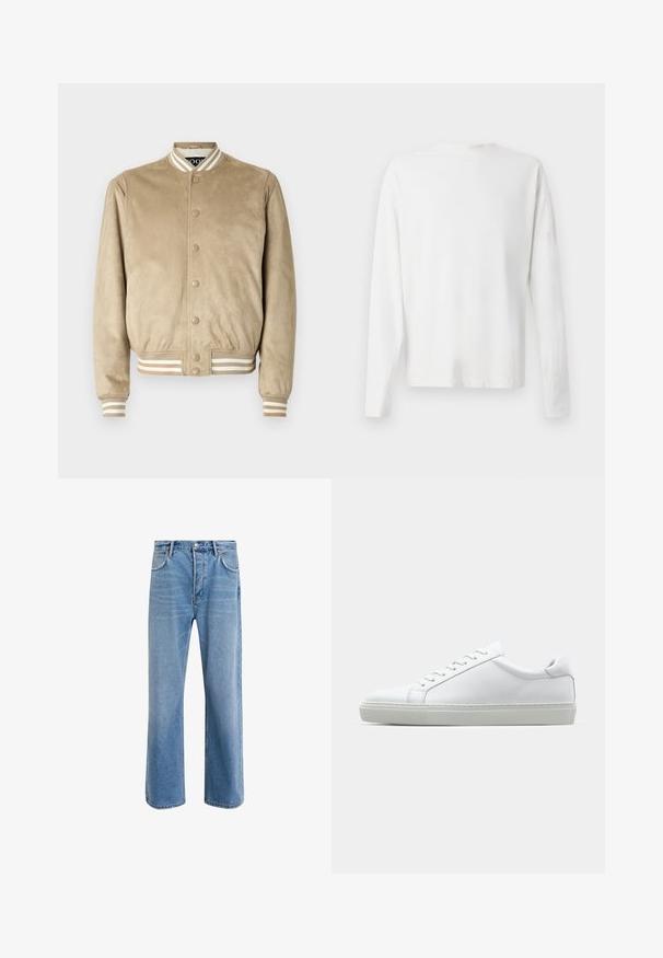Beige suedebomberjakke med rund krage, trykknapfront og ribbestrikkede mansjetter og nederkant i beige og brune toner.; Langermet hvit bomullsskjorte med rund hals, sidespalter nederst og en jevn tekstur, vist fra baksiden.; Lys blå denimjeans med rett ben-design, fem lommer, knappeåpning, minimal falming og kontrasterende sømdetaljer.; Hvit sneakers med en glatt skinnoverdel og lav profil. Har en rund tå, seks snøring hull, og en teksturert gummisåle.