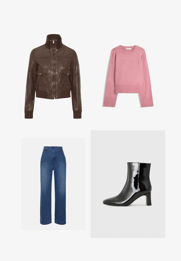 Oxmo OXDenny - Læderjakker - chestnut; Lyserød cropped sweater lavet af blødt strikstof, med en ribbet crew neck og lange ærmer med ribbede manchetter. Glat tekstur.; Højtaljede denimjeans i mellemblå. Har frontknapdetaljer og bred benlængde. Stoffet har en glat tekstur med let falmning.; Sort lakeret ankelstøvle med spids tå og en midt-højde blokhæl. Glat tekstur og minimalistisk design.