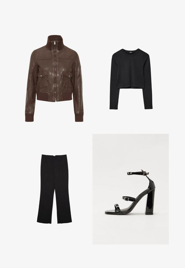 Oxmo OXDenny - Lederjacke - chestnut; Schwarzes, langärmliges, kurz geschnittenes Oberteil mit Rundhalsausschnitt, schlichter Gestaltung und leicht abgerundetem Saum.; Schwarze Hose mit geradem Schnitt, ausgestattet mit Fronttaschen und Seitenschlitzen am Saum. Hergestellt aus weichem, glattem Stoff. Geeignet für verschiedene Anlässe.; Schwarze patentierte Sandalen mit Absatz, quadratischer Spitze, Knöchelriemen und silbernen Schnallen. Mit einem stabilen Blockabsatz für mehr Stabilität.