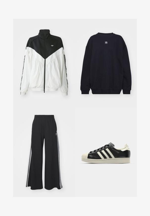 Bijela i crna jakna na zip s visokim ovratnikom, koja ima dizajn u obliku chevrona, elastične manžete i bočne pruge. Lagan materijal, sportski stil.; Crna majica s kapuljačom od mješavine pamuka, sa rebrastim izrezom i manžetama, s malim bijelim Adidas logotipom smještenim u sredini na prsima.; Crne široke trenirke s elastičnim pojasom, s bijelim bočnim trakama i izvezenim logom na lijevom bedru.; Crni kožni tenisice s bijelim prugama, gumeni zaštitni vrh, crne vezice i bijela potplata boje krem. Glatka tekstura s sjajnim završetkom.