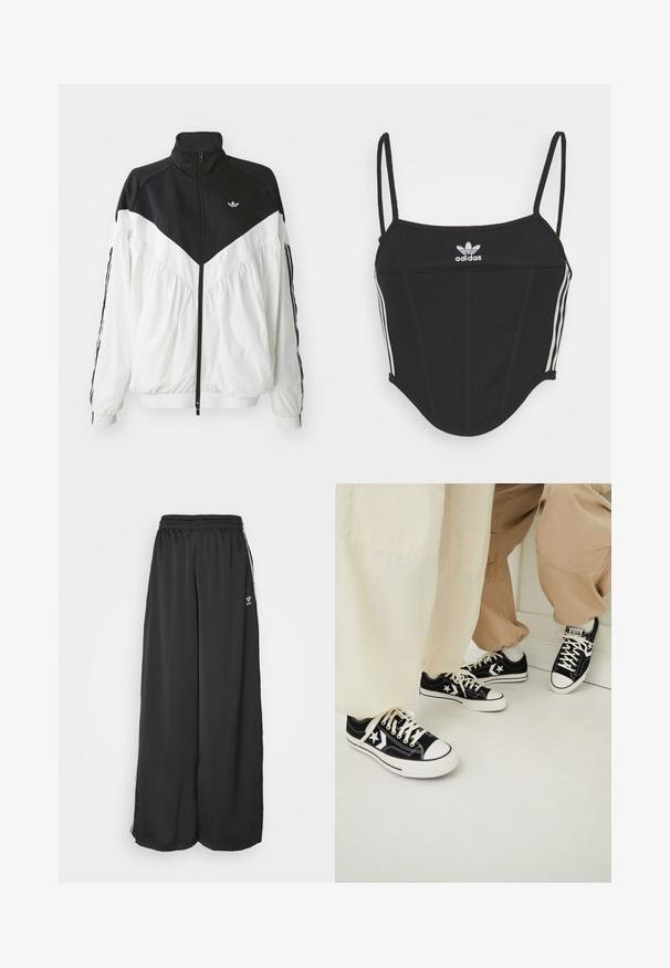 Giacca a zip bianca e nera con colletto alto, caratterizzata da un design a chevron, polsini elastici e strisce laterali. Tessuto leggero, stile sportivo.; Crop top nero a coste con spalline sottili e regolabili, caratterizzato da tre strisce bianche sui lati e un piccolo logo Adidas bianco al centro.; Pantaloni da jogging neri, morbidi e larghi, realizzati in tessuto liscio. Presentano una vita elasticizzata e strisce laterali con accenti di logo.; Sneaker nere in tela con suole bianche in gomma, con dettagli a forma di stella bianchi e lacci neri, abbinate a pantaloni beige chiaro e crema.