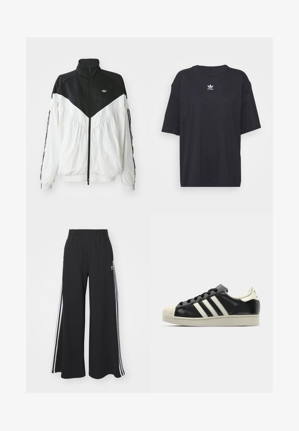 Bílá a černá bunda na zip s vysokým límcem, zdobená chevronovým vzorem, elastickými manžetami a postranními pruhy. Lehká tkanina, sportovní styl.; Černé bavlněné tričko s krátkými rukávy a kulatým výstřihem, na hrudi má bílé logo Adidas. Jednoduchý design, uvolněný střih.; Černé pohodlné tepláky širokého střihu s elastickým pasem, na boční straně s bílými pruhy a vyšitým logem na levé stehně.; Černé kožené sneakers s bílými pruhy, gumovou špičkou, černými tkaničkami a krémovou podešví. Hladký povrch s lesklým finišem.