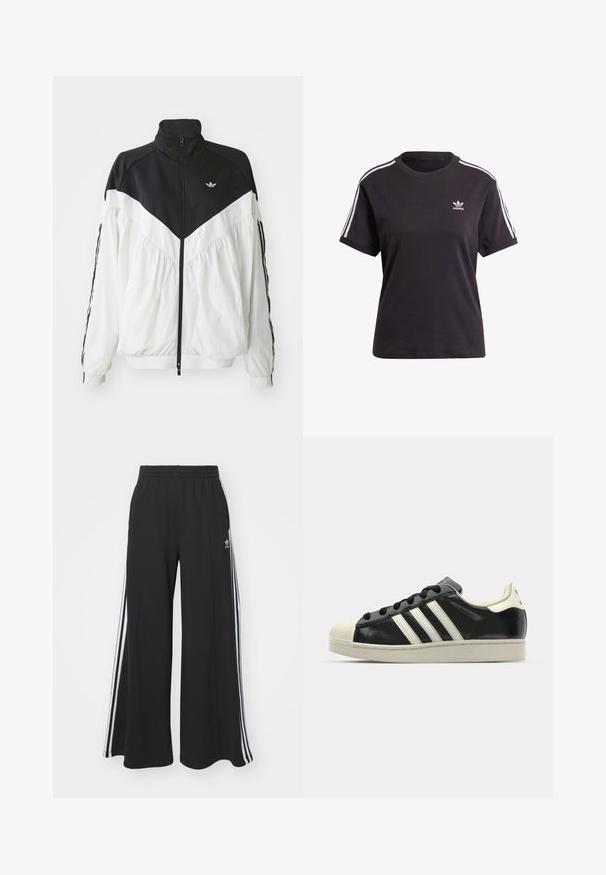 Biela a čierna zipsová bunda s vysokým golierom, s dizajnom v tvare chevronu, elastickými manžetami a bočnými pruhmi. Ľahký materiál, športový štýl.; Čierne bavlnené tričko s krátkym rukávom a okrúhlym výstrihom, s bielymi pruhmi na ramienkach a malým bielym logom Adidas na hrudi.; Čierne široké teplákové nohavice s elastickým pásom, so bielymi bočnými prúžkami a výšivkou loga na ľavom stehne.; Čierne kožené tenisky s bielymi pruhmi, gumenou špičkou, čiernymi šnúrkami a krémovobielou podrážkou. Hladký povrch s lesklým finišom.
