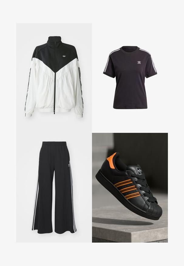 Bijela i crna jakna na zip s visokim ovratnikom, koja ima dizajn u obliku chevrona, elastične manžete i bočne pruge. Lagan materijal, sportski stil.; Crna pamučna majica kratkih rukava s okruglim izrezom, ukrašena bijelim trakama na ramenima i malim bijelim Adidas logom na prsima.; Crne široke trenirke s elastičnim pojasom, s bijelim bočnim trakama i izvezenim logom na lijevom bedru.; Crni tenisice s narančastim naglascima, tri horizontalne pruge, teksturirani kožni gornji dio, gumen kapica za prste i crne vezice.