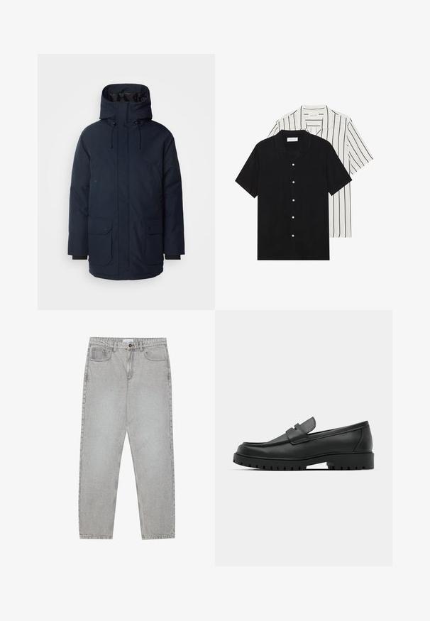 Navy blue parka jacket with a high collar, adjustable hood, two front flap pockets, and ribbed cuffs. Made of textured water-resistant fabric.; Two short-sleeve shirts: one solid black, one white with black vertical stripes. Both feature button closures and a classic collar.; Light grey denim pants with a straight-leg design, five-pocket styling, and a button closure. Visible stitching along the seams.; Black leather loafers with a rounded toe, featuring a stitched design, low platform sole, and a textured, lugged rubber outsole.