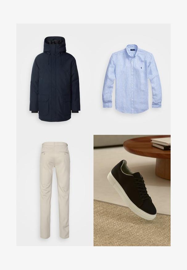 Tamsiai mėlynas parka striukė su aukštu apykakle, reguliuojama kapišonu, dviem priekiniais kišeliais ir raištiniais rankogaliais. Pagaminta iš tekstūruoto vandeniui atsparaus audinio.; Mėlynos ir baltos dryžuotos ilgomis rankovėmis medvilninė marškiniai, turintys sagtelę ant apykaklės, priekinius mygtukus ir mažą išsiuvinėtą logotipą krūtinėje.; Bežinės kelnės su lygia tekstūra, tiesiu pjūviu, dviem užpakalinėmis kišenėmis su sagomis ir standartine juosmena.; Juodas sportinis batelis su baltu padu, lekiančius virš smėlio spalvos tekstūruoto kilimo šalia apvalaus medinio stalo su sukrautomis knygomis.