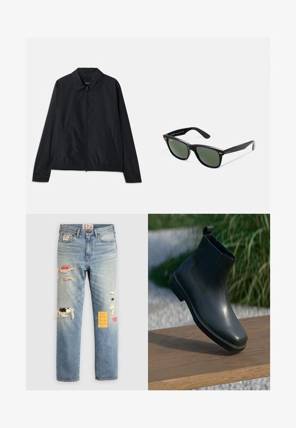 Sort letvægtsjakke med krave, front lynlås, sidelommer og elastisk talje. Glat, mat tekstur.; Stribet langærmet skjorte i navy og hvid, med ribbet halsudskæring og manchetter. Stoffet er blødt, med vandrette striber over det hele.; Hvid langærmet t-shirt med rund halsudskæring, lavet af blødt stof, med en afslappet pasform og uden synlige logoer eller mønstre.; Lysblå denimjeans med en afslappet pasform, prydet med slidte lapper i forskellige farver og mønstre, herunder orange og røde accenter.; Sort læder ankelstøvle med en glat overflade, elastiske sider og et løkkeagtigt trækstrop, der hviler på en træoverflade mod en sløret baggrund.; Sorte plastiksolkaber med grønne linser, firkantede stel, sølvaccent på brynene og teksturerede templede arme. Angivet mærke på den indre arm.